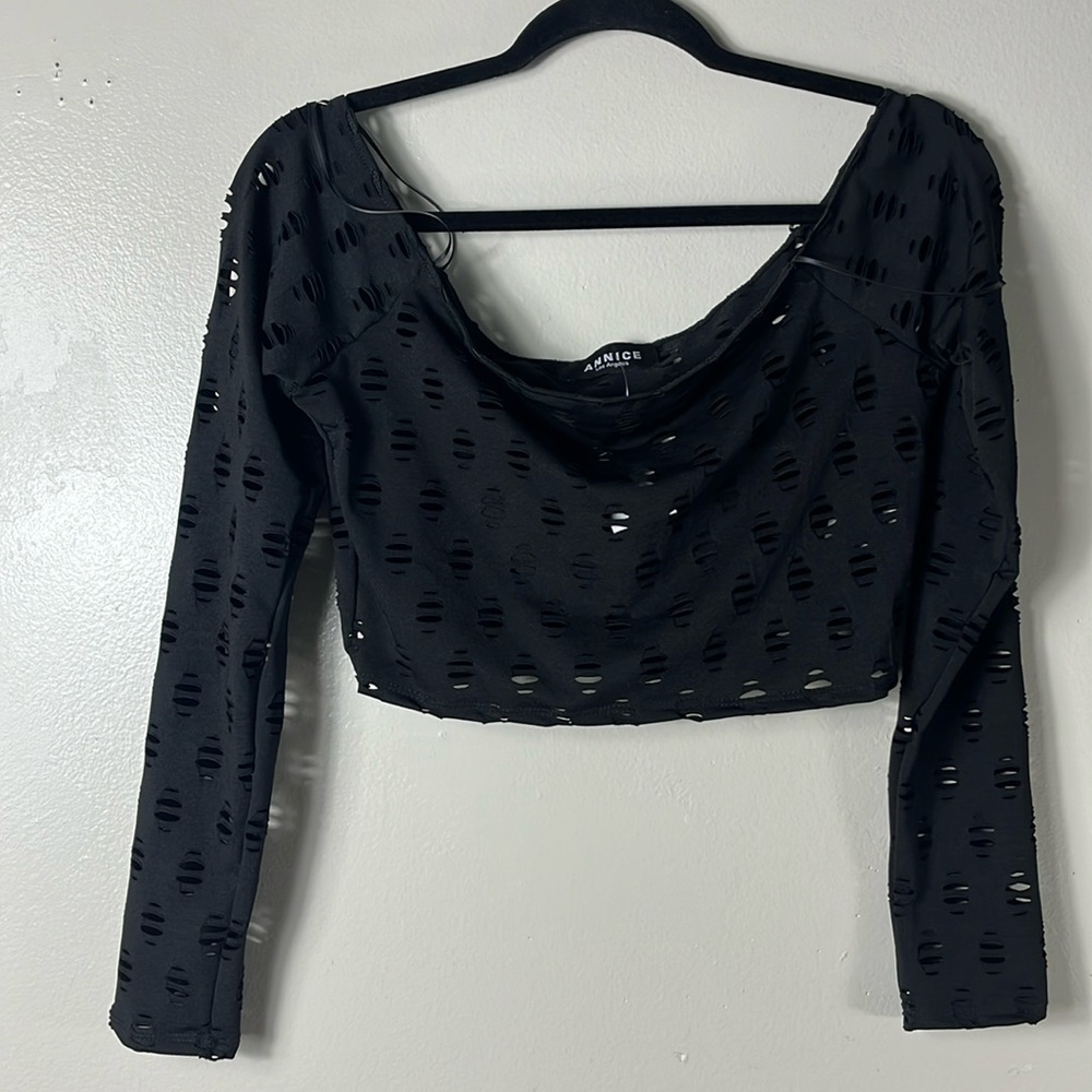 Annice black boho crop top long sleeve Size L NWT